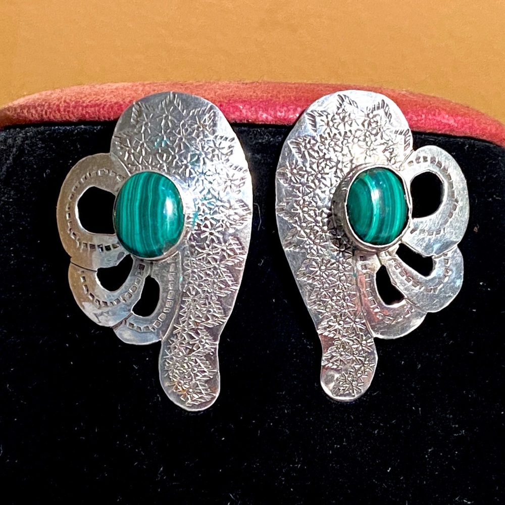 Vintage ML or HL Navajo Sterling Earrings Accented with Malachite Stones